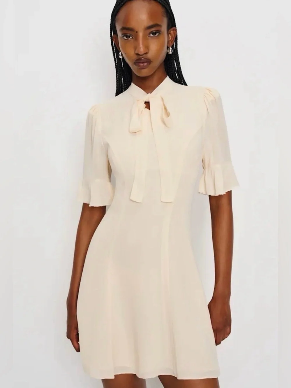 Reformation - Nara Smith - Whimsical Dress in Sugar - Cream Tie-Neck Mini Dress